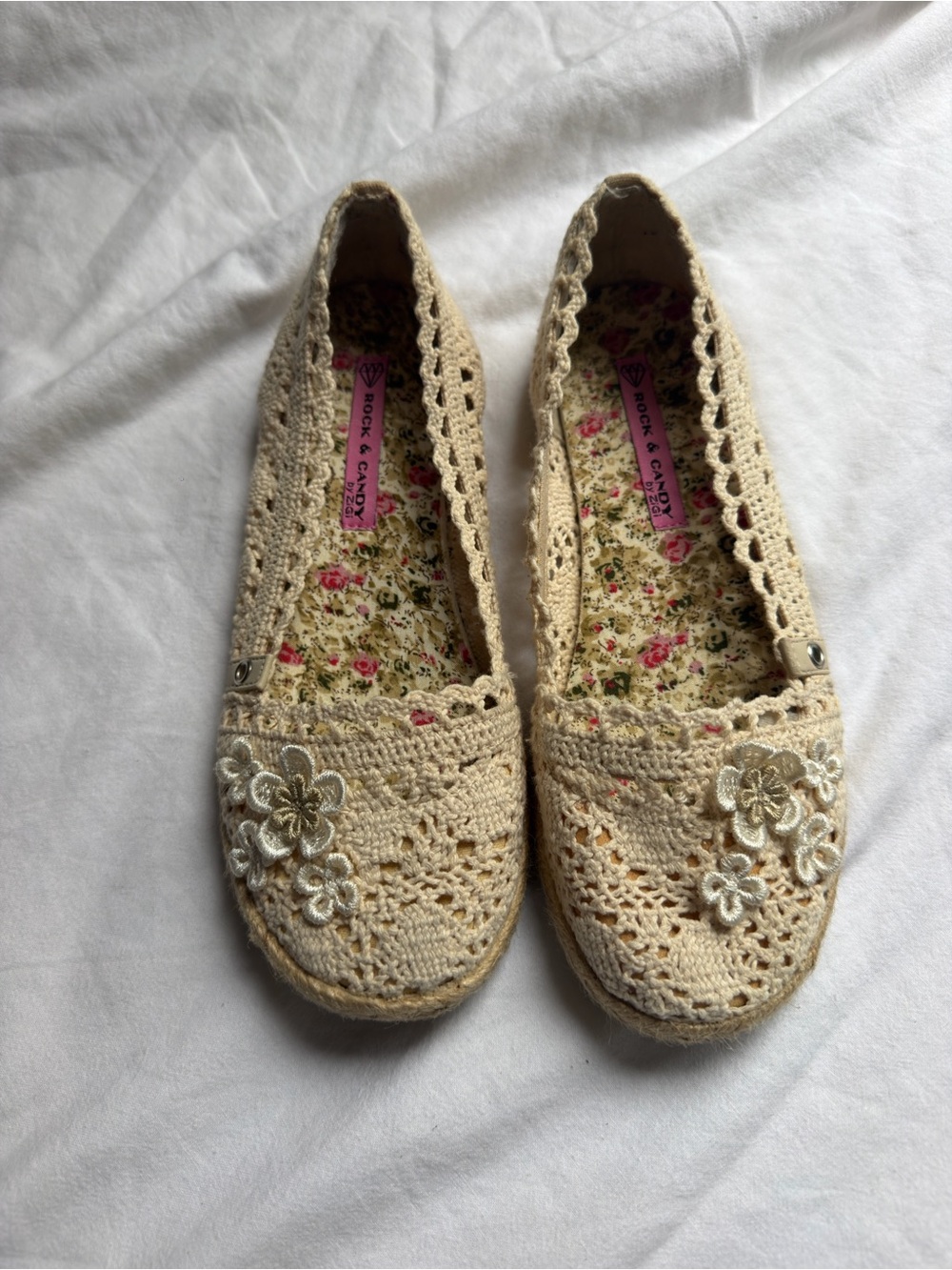 Rock & Candy Crochet Floral Ballet Flats in Cream and Pink